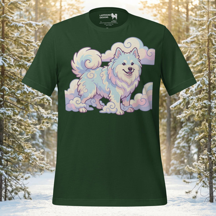 Finnish Lapphund illustrated standing among swirling pastel clouds in a soft fantasy-style design on a graphic t-shirt