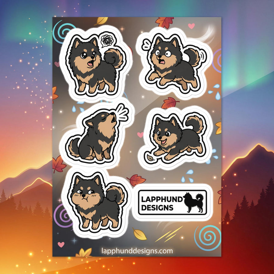 Finnish Lapphund playful puppy sticker sheet featuring energetic poses, movement, and happy puppy expressions