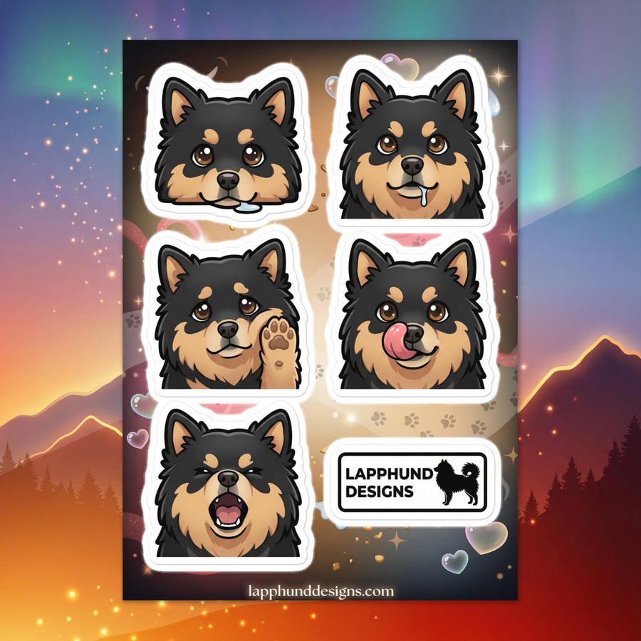 Finnish Lapphund playful reactions sticker sheet featuring paw waves, tongue-out smiles, and friendly expressions