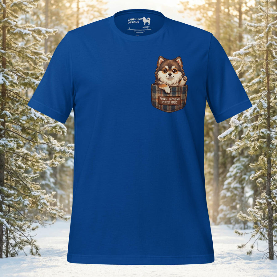 Finnish Lapphund pocket pup t-shirt with small plaid pocket dog artwork