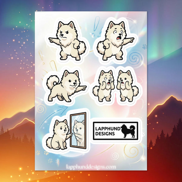 Finnish Lapphund pointing reactions sticker sheet featuring call-outs, surprise gestures, and playful expressions