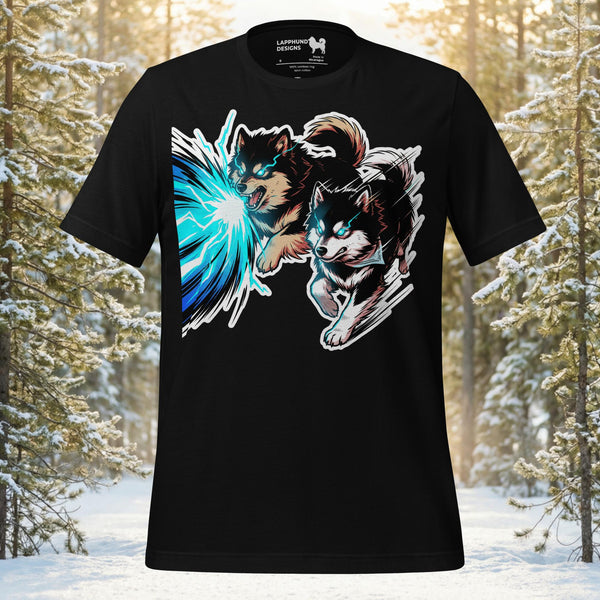 Finnish Lapphund Power Run t-shirt showing a dog running forward while firing a beam of energy from its mouth
