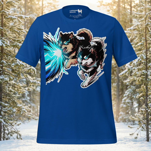 Finnish Lapphund Power Run t-shirt showing a dog running forward while firing a beam of energy from its mouth