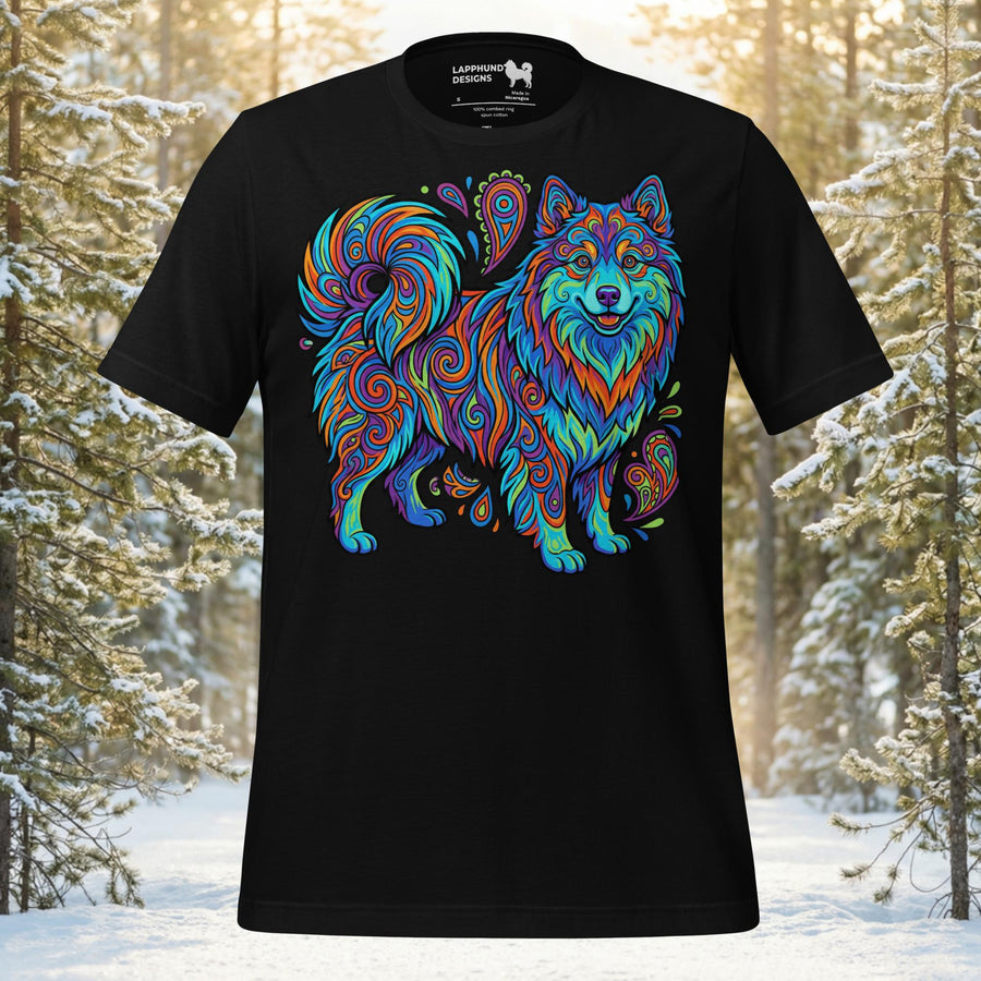 Finnish Lapphund illustrated with flowing psychedelic swirl patterns and expressive linework in a vibrant artistic design on a graphic t-shirt