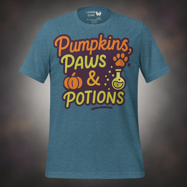 Pumpkins Paws and Potions Finnish Lapphund Halloween t-shirt in blue