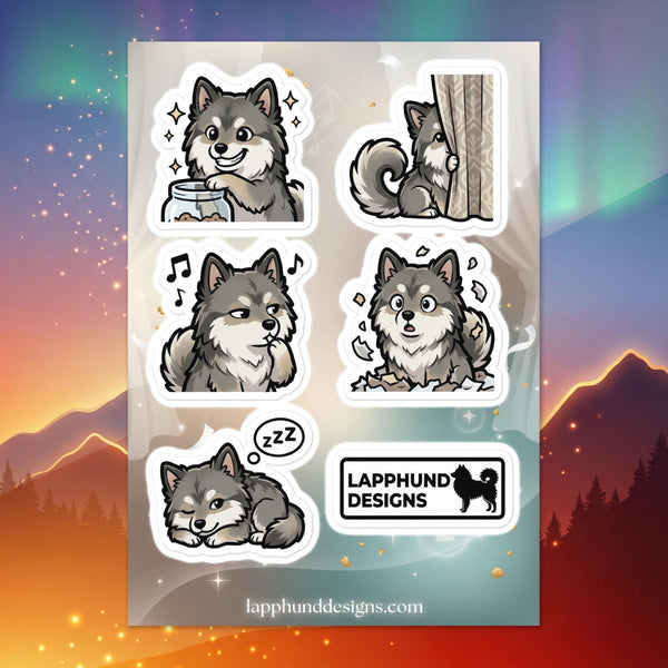 Finnish Lapphund quiet moments sticker sheet featuring cozy indoor scenes, gentle play, and peaceful naps