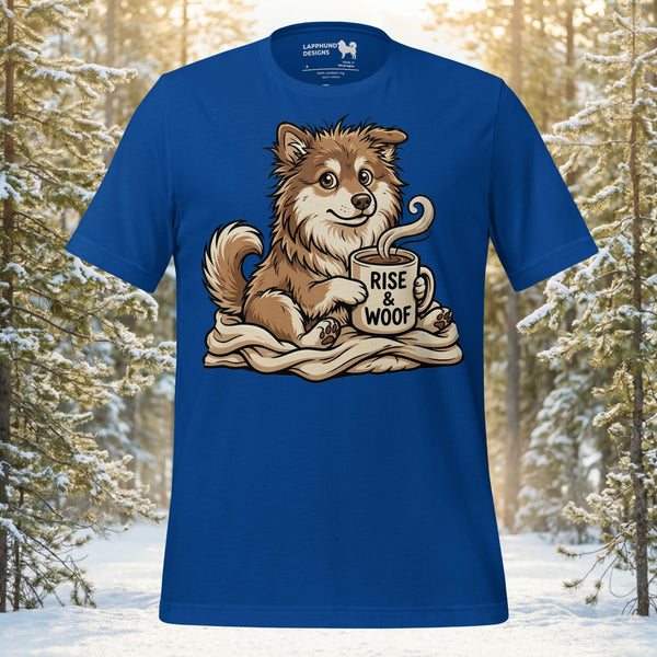 Finnish Lapphund puppy sitting on a cozy blanket holding a coffee mug with Rise & Woof text in a premium illustrative style.