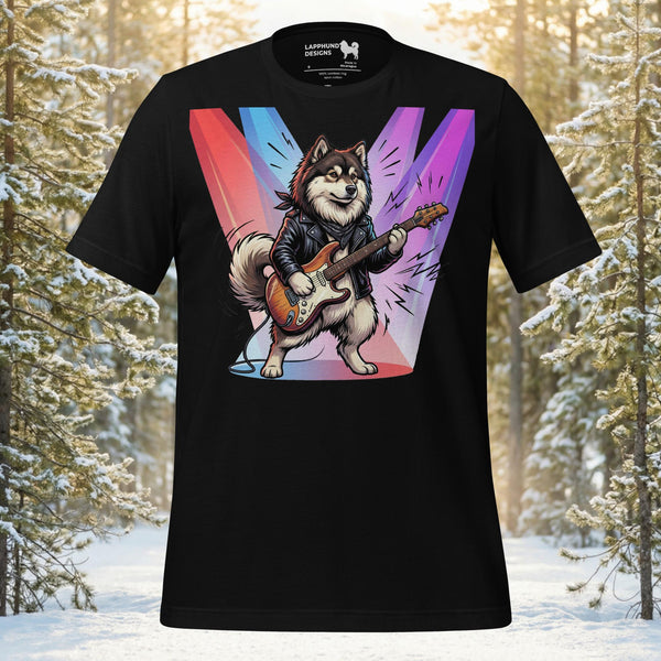 Finnish Lapphund dog wearing a leather jacket playing electric guitar under colorful stage lights on a cotton t-shirt.