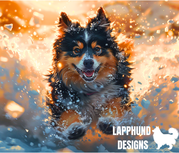 Finnish Lapphund running through snow tumbler 20oz