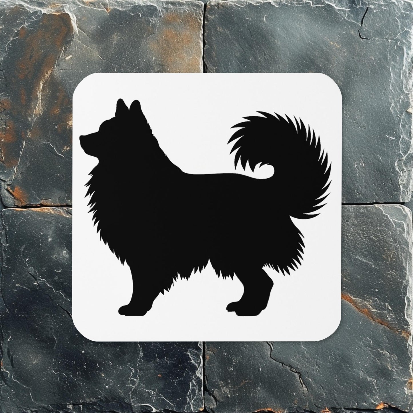 Finnish Lapphund silhouette coaster with black dog outline on white background