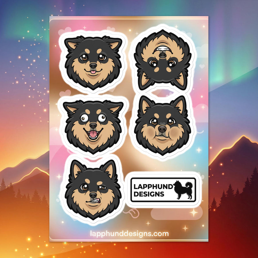Finnish Lapphund silly faces sticker sheet featuring goofy smiles and playful upside-down expressions