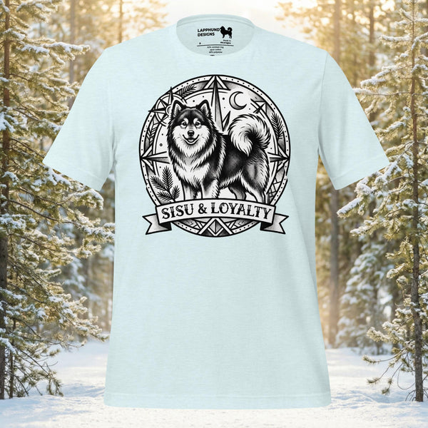 Finnish Lapphund standing within a circular heritage crest featuring the words Sisu and Loyalty on a premium cotton t-shirt.