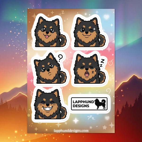 Finnish Lapphund sleepy and confused sticker sheet featuring yawns, question marks, and cozy expressions