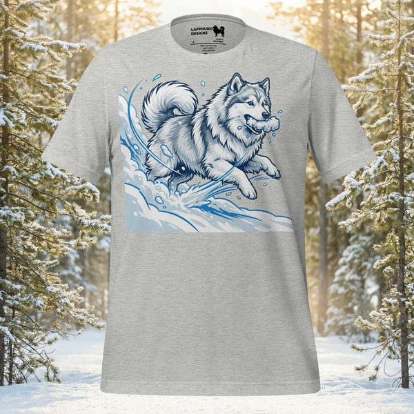 Finnish Lapphund dog running through deep snow with a mountain peak background on a premium unisex adventure t-shirt.
