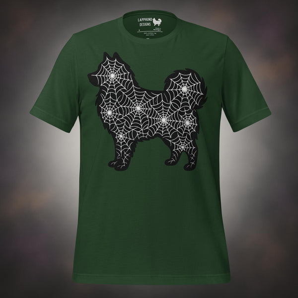 Spiderweb silhouette Finnish Lapphund Halloween t-shirt in green