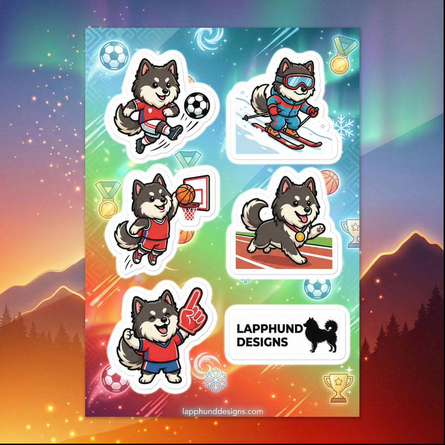 Finnish Lapphund sports and athletics sticker sheet featuring soccer, basketball, skiing, and running designs