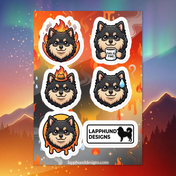 Finnish Lapphund stressed reactions sticker sheet featuring overheated faces, sweat drops, fire effects, and “it’s fine” expressions