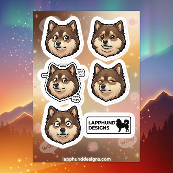 Finnish Lapphund subtle reactions sticker sheet featuring side-eye, mild surprise, and quiet humor expressions