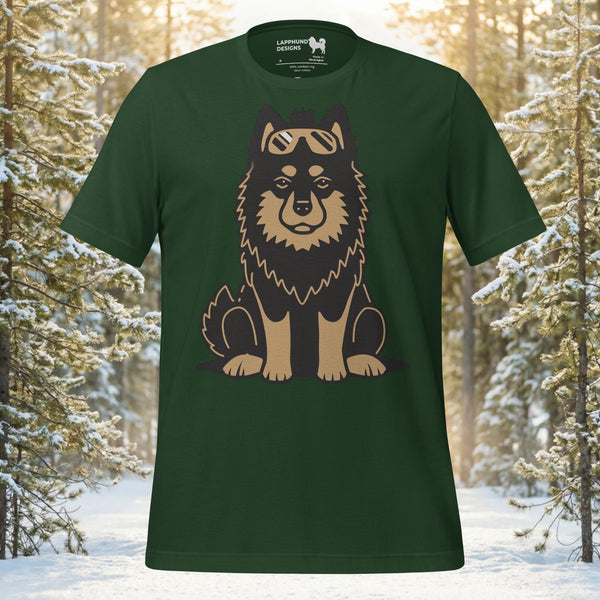 Finnish Lapphund sitting and wearing mountain goggles on its head on a premium unisex t-shirt.