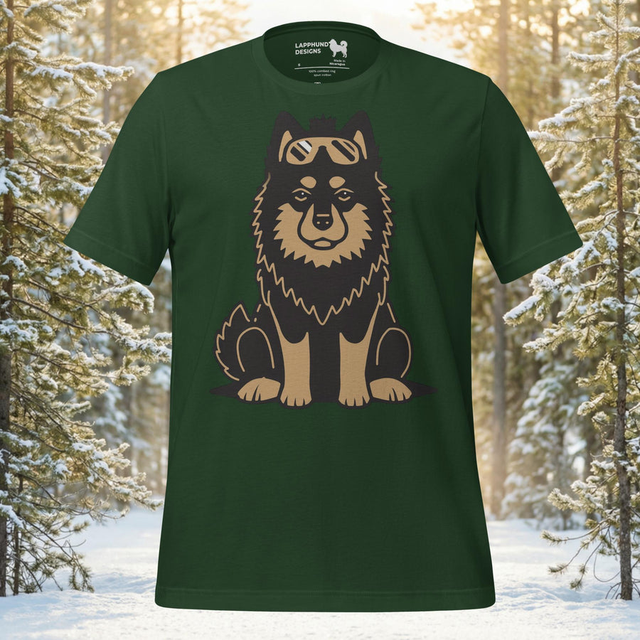 Finnish Lapphund sitting and wearing mountain goggles on its head on a premium unisex t-shirt.