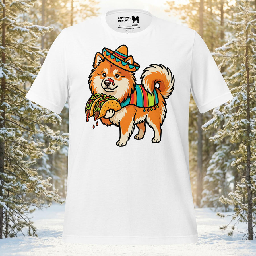 Finnish Lapphund taco night t-shirt with playful Lapphund wearing a sombrero holding tacos