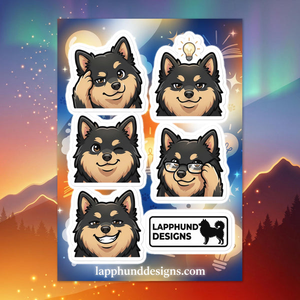Finnish Lapphund thinking faces sticker sheet featuring clever looks, lightbulb ideas, and thoughtful expressions
