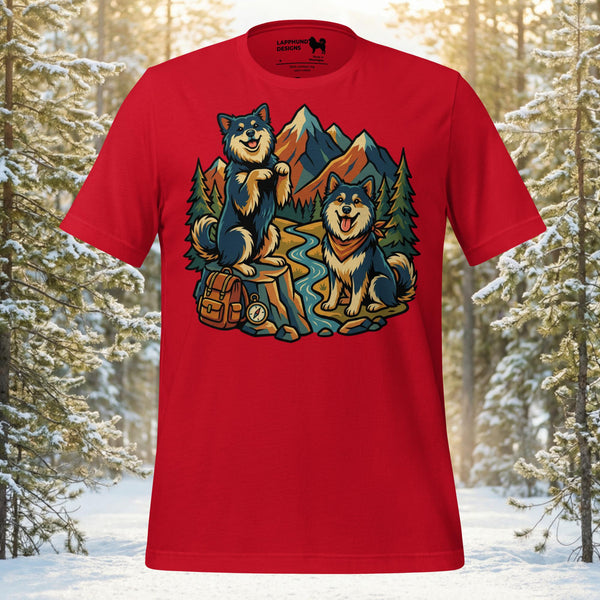 Finnish Lapphund trail explorers t-shirt with two Lappies hiking in the mountains