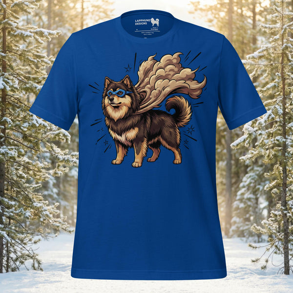 Finnish Lapphund Trailborne t-shirt featuring a dog moving through dust and dirt with a flowing trail-worn cape