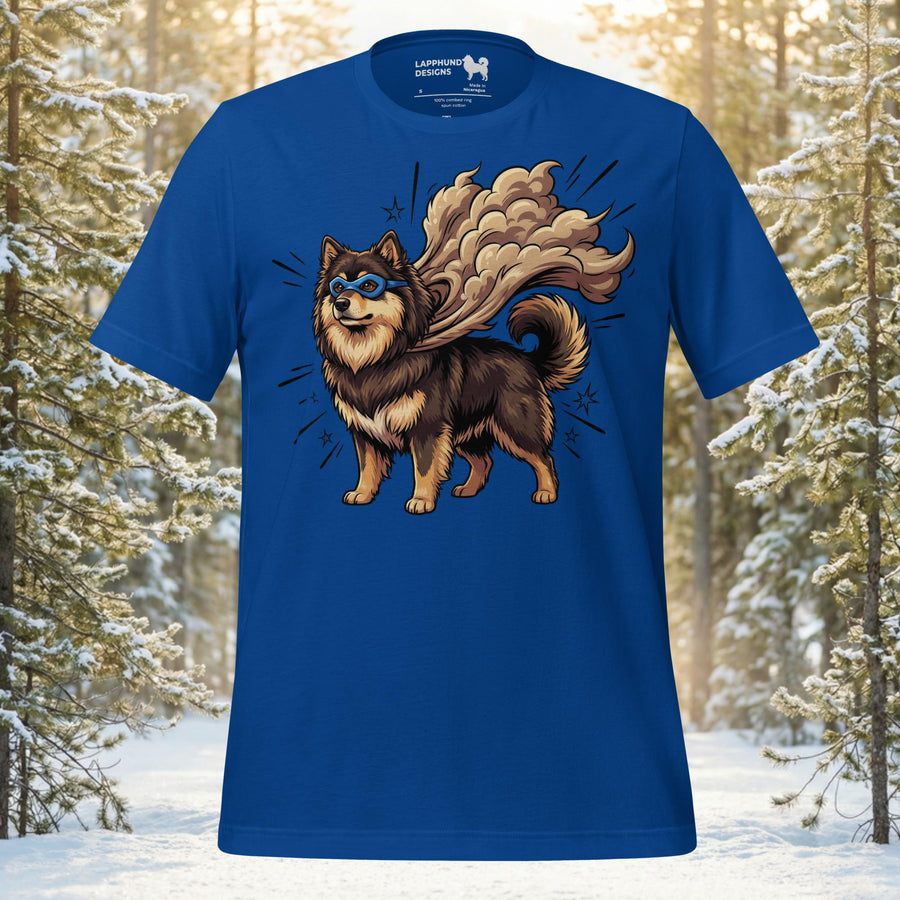Finnish Lapphund Trailborne t-shirt featuring a dog moving through dust and dirt with a flowing trail-worn cape