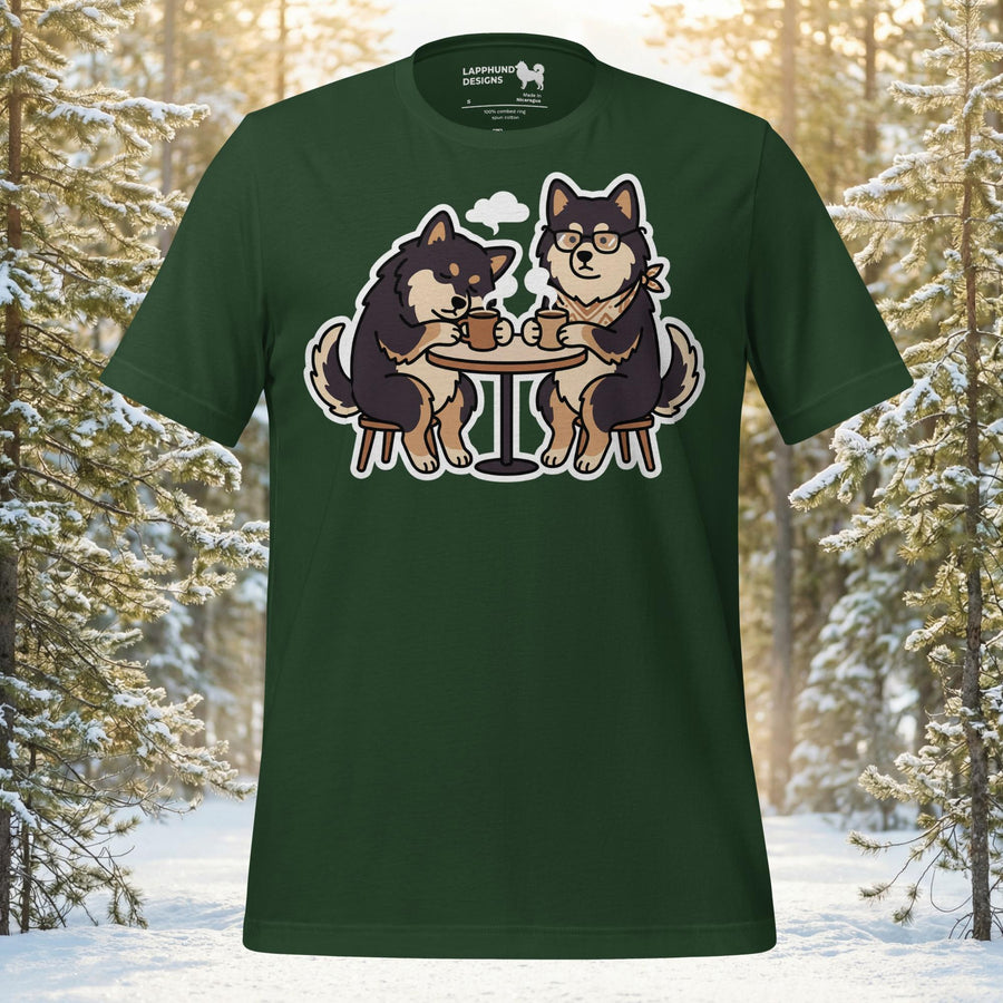 Two Finnish Lapphund dogs sitting at a table drinking coffee on a premium unisex t-shirt for dog lovers and outdoor enthusiasts.