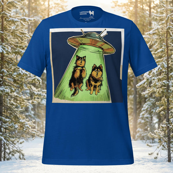 Finnish Lapphund UFO encounter t-shirt with playful alien abduction dog artwork