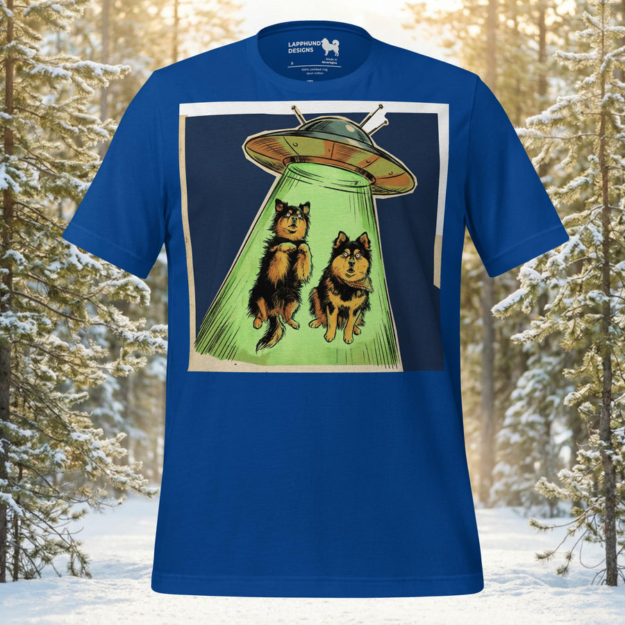 Finnish Lapphund UFO encounter t-shirt with playful alien abduction dog artwork