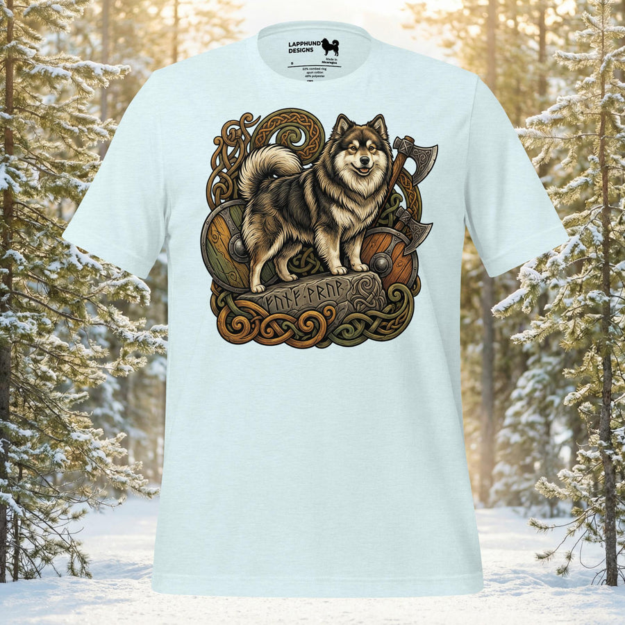 Finnish Lapphund standing on a runestone with Viking shields and axes in a detailed Nordic illustration on a black t-shirt.