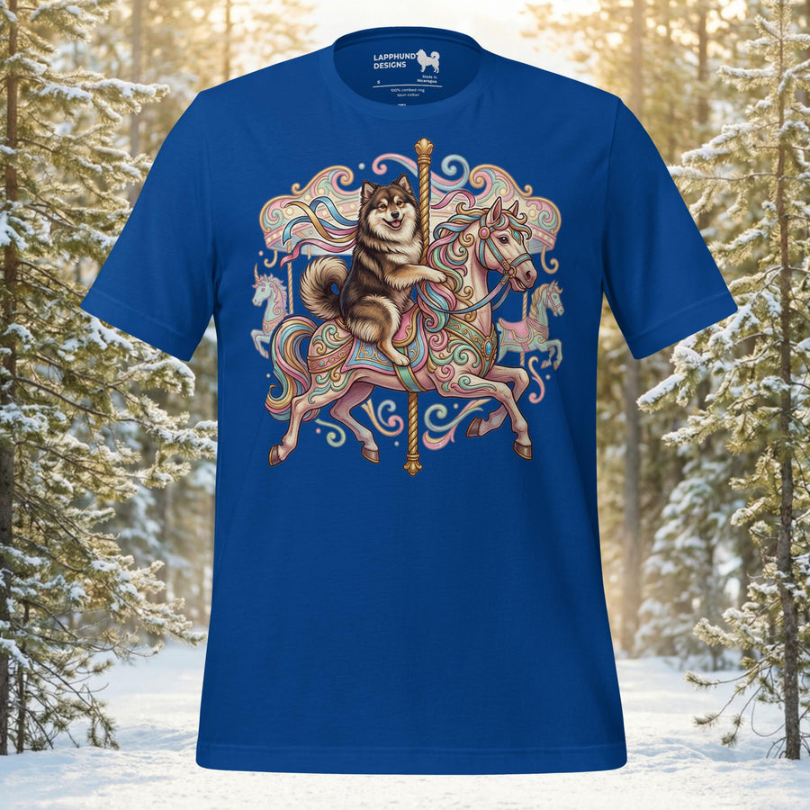 Finnish Lapphund illustrated riding a decorative carousel horse with flowing ribbons and ornate fantasy details in a whimsical fairground design on a graphic t-shirt