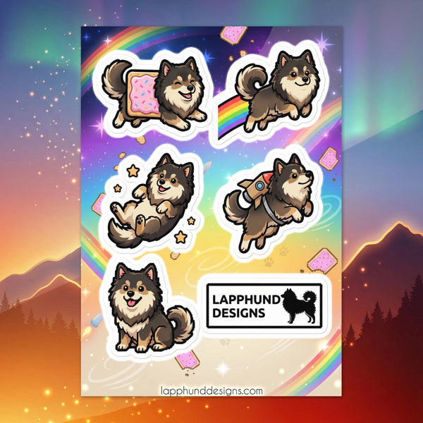 Finnish Lapphund whimsical fantasy sticker sheet featuring rainbow scenes, dreamy adventures, and playful magical designs