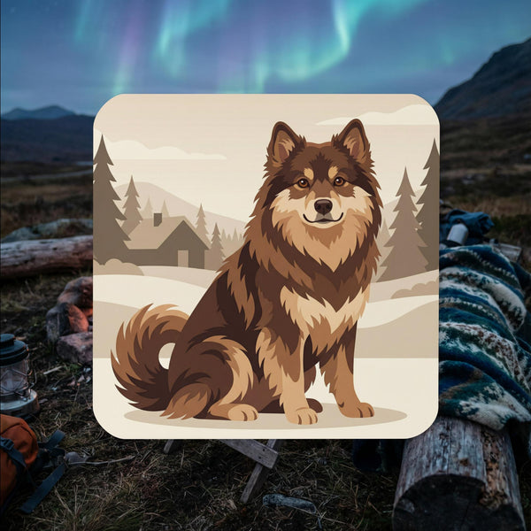 Finnish Lapphund illustrated cork-back coaster with winter cabin scene and snowy Nordic landscape