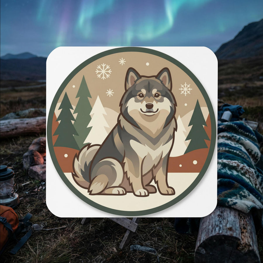 Finnish Lapphund winter emblem cork-back coaster with circular design, snowflakes, and evergreen trees