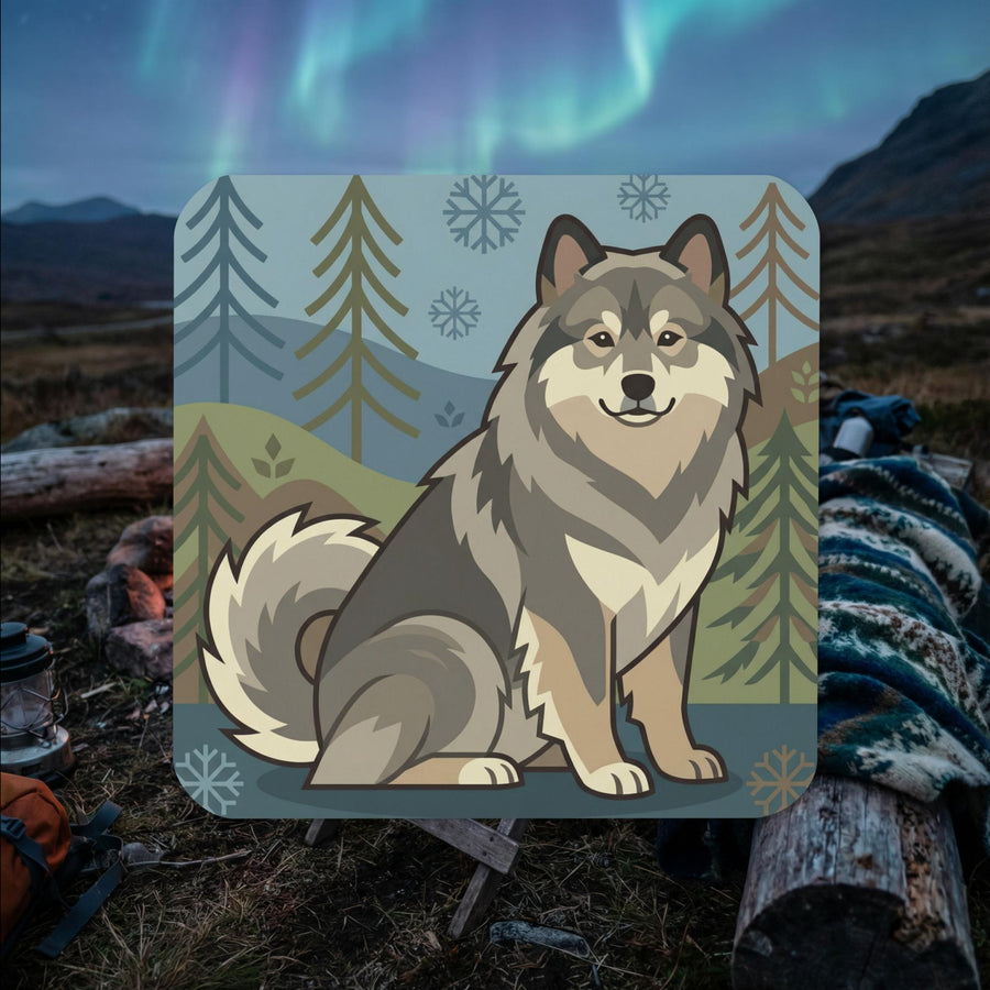 Finnish Lapphund illustrated cork-back coaster with winter forest symbols and snowflake details
