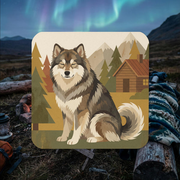 Wolf sable Finnish Lapphund sitting illustrated cork-back coaster with cabin, trees, and mountain background