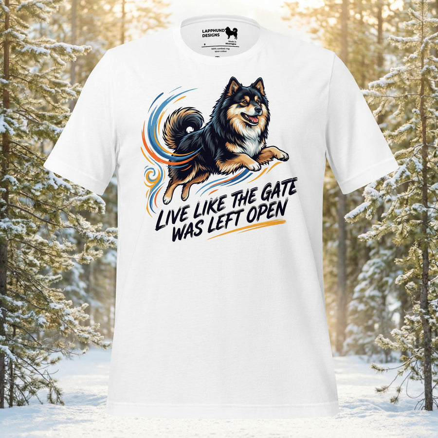 Live Like the Gate Was Left Open t-shirt featuring a Finnish Lapphund in an energetic outdoor design