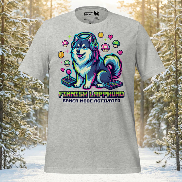 Finnish Lapphund Gamer Mode Neon Headset Illustration T-Shirt | Lapphund Designs