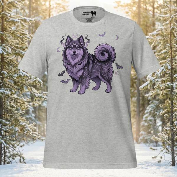 Ethereal Finnish Lapphund silhouette with mystical purple scrollwork, bats, and crescent moons on a premium unisex t-shirt.