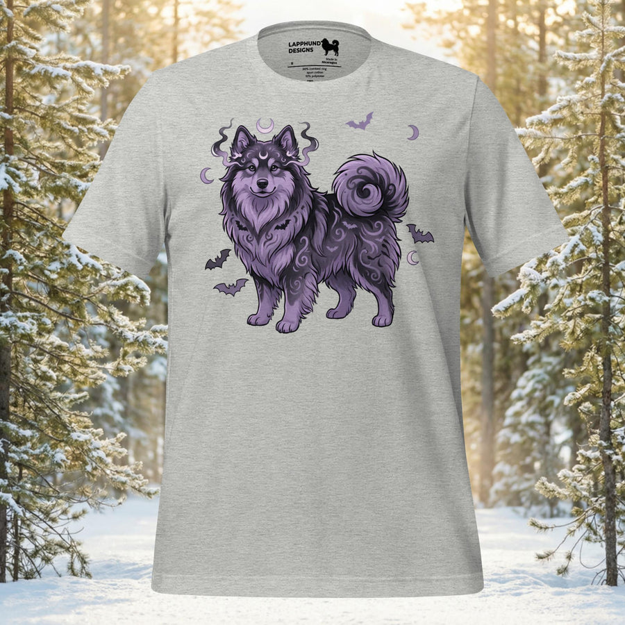 Ethereal Finnish Lapphund silhouette with mystical purple scrollwork, bats, and crescent moons on a premium unisex t-shirt.