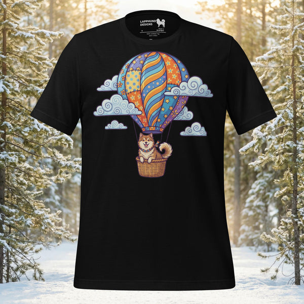 Finnish Lapphund Floating Hot Air Balloon Cloud Journey Illustration T-Shirt | Lapphund Designs