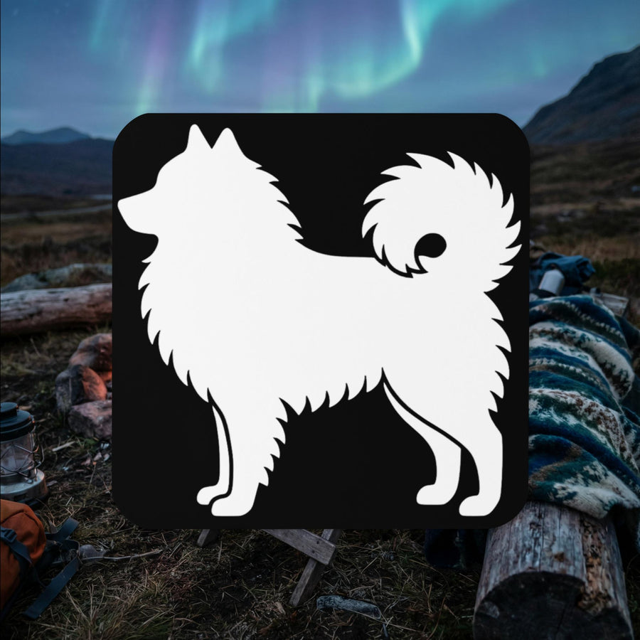 White Finnish Lapphund silhouette Lapphund Designs logo cork-back coaster