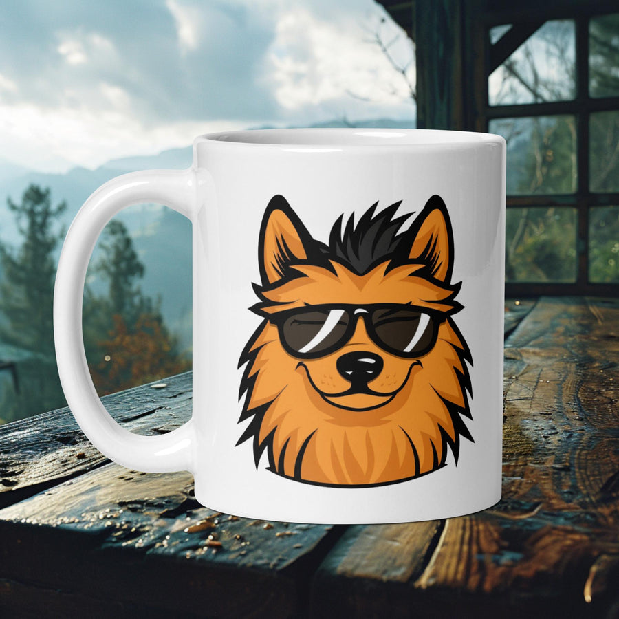 Finnish Lapphund Mug with cool shades on an orange-and-black Lappie—ideal for Nordic dog fans and trendy gift seekers.