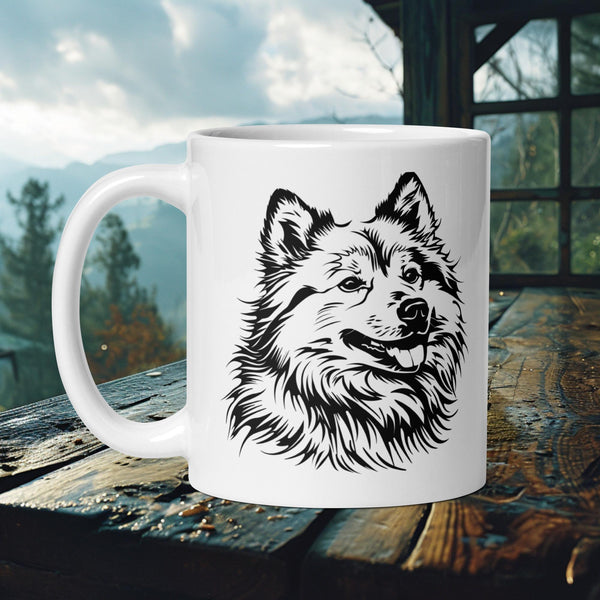 Finnish Lapphund Mug with a black silhouette Lappie against a mountain viewβideal for Nordic dog lovers and outdoor enthusiasts.