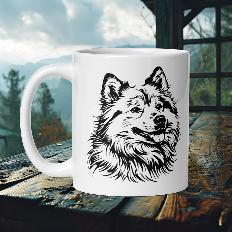 Finnish Lapphund Mug with a black silhouette Lappie against a mountain view—ideal for Nordic dog lovers and outdoor enthusiasts.