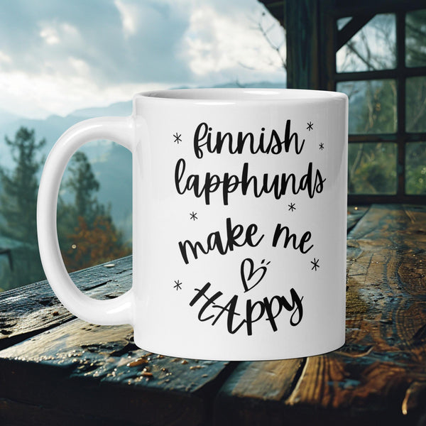 Finnish Lapphund Mug with "Finnish Lapphunds Make Me Happy" text and heartsβideal for Nordic dog lovers and joyful gift seekers.