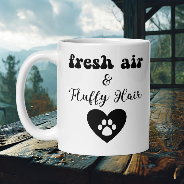 Finnish Lapphund Mug with "Fresh Air & Fluffy Hair" text and paw print heartβideal for Nordic dog lovers and fluffy fans.